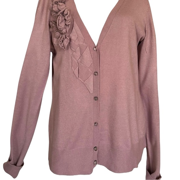 New York & Company Mauve Plum Cardigan Sweater with Floral Embellishment Size M - Picture 4 of 8